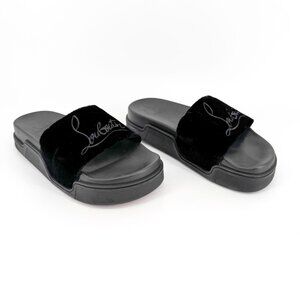 Christian Louboutin 'Navy Pool' Slide Sandals Size 37 US 7 Black Velvet Logo 26